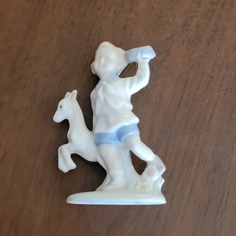 Vintage Lego Japan Boy & Dog Figurine Fine Porcelain Pastels High Gloss 1970s